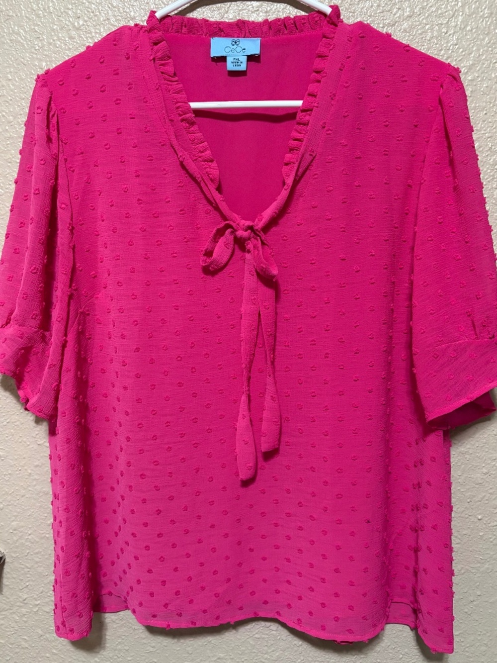CeCe Pink Textured Ruffle Neck Tie Blouse